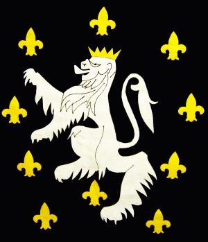 Sable semy de lis Or a Lion rampant Argent crowned also Gold